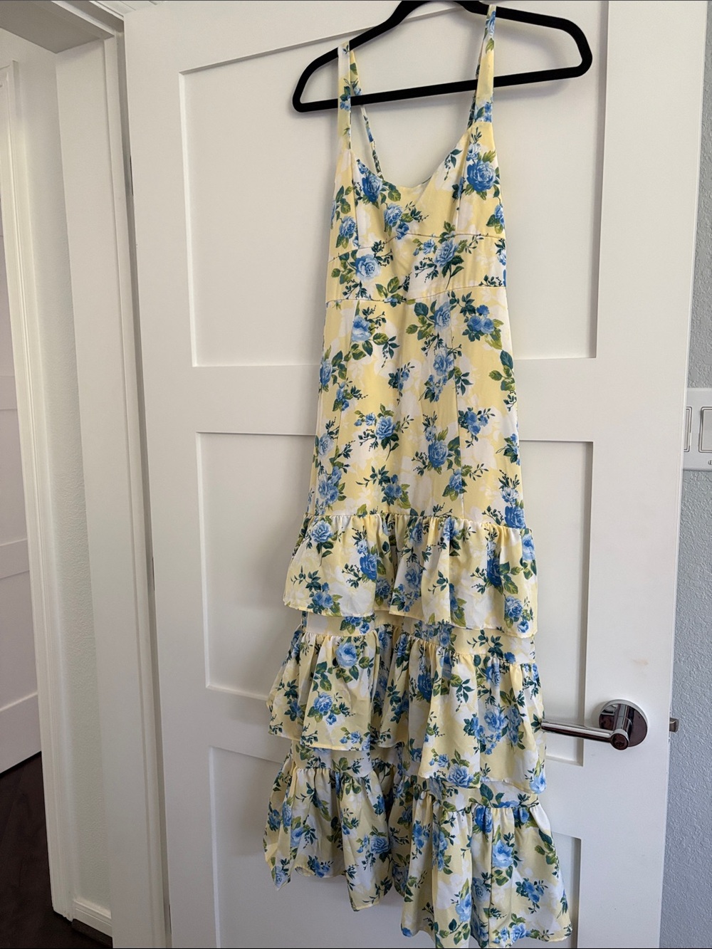 Yellow Floral Tiered Maxi Dress with Blue Rose Print